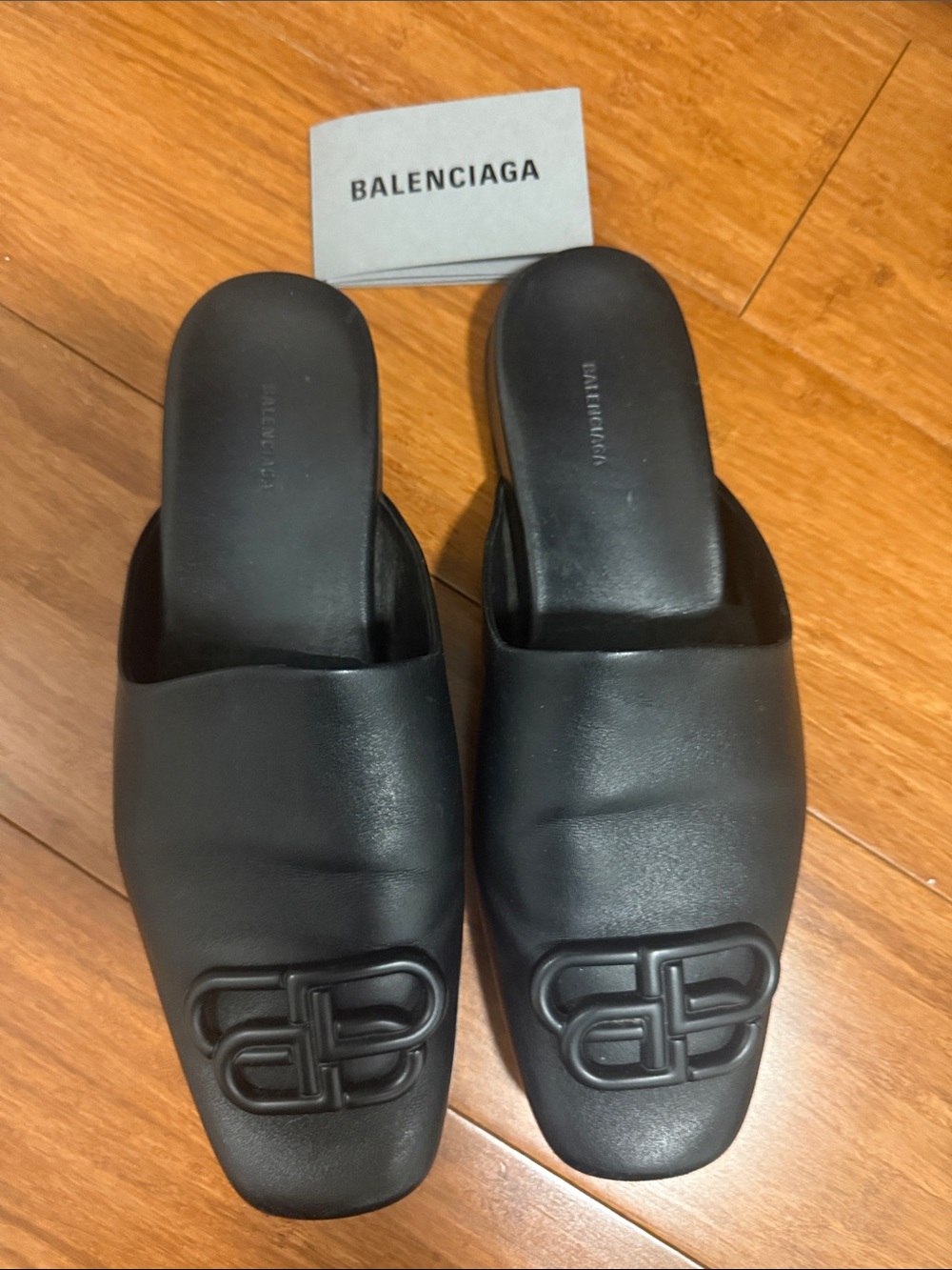 Balenciaga Black womens Leather Slide Loafers with BB Logo